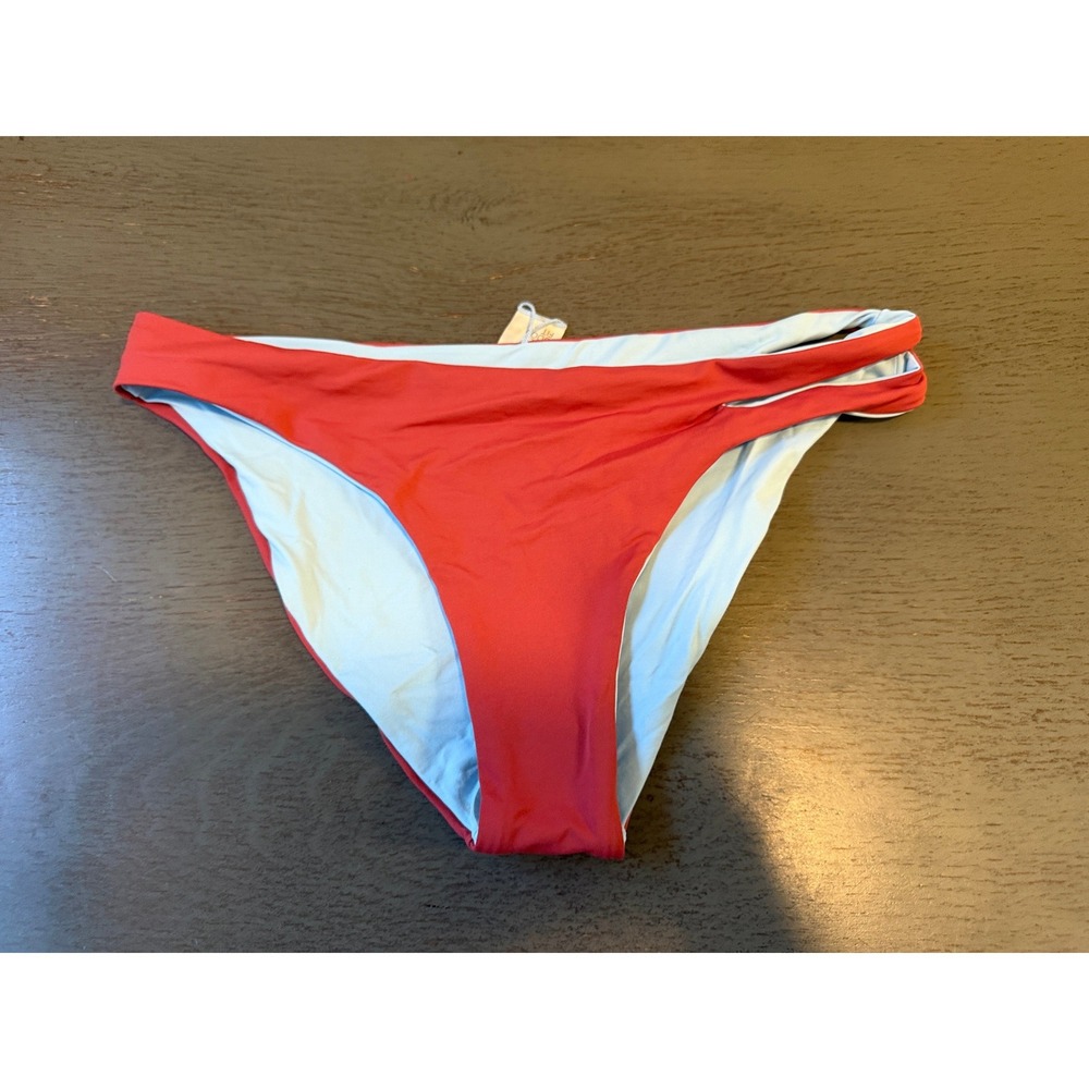 L Space Bikini Bottom Red Light Blue Reversible Full Cut Side Strap Swimwear